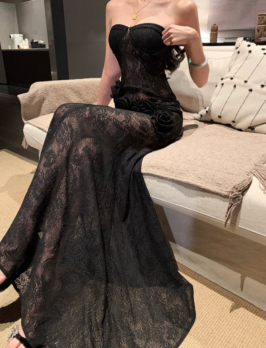 Graceful Black Sheer Lace Strapless Mermaid Maxi Skirt Vogue 3D Flower Accent Luxury Nightouts Long Dress AP1904