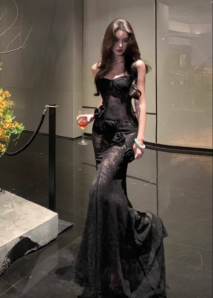 Graceful Black Sheer Lace Strapless Mermaid Maxi Skirt Vogue 3D Flower Accent Luxury Nightouts Long Dress AP1904