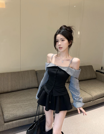 Hot Girls Checkered Off-Shoulder Sleeves Fashion Gatherings Mini Skirt Vintage Spaghetti Straps Bodice Tiered Short Dress AP1905
