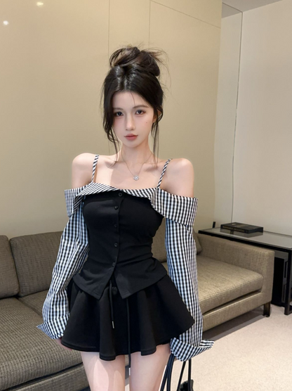 Hot Girls Checkered Off-Shoulder Sleeves Fashion Gatherings Mini Skirt Vintage Spaghetti Straps Bodice Tiered Short Dress AP1905