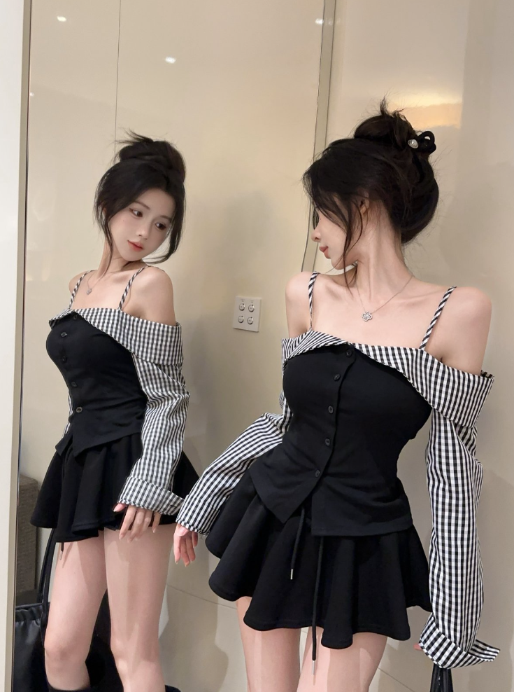 Hot Girls Checkered Off-Shoulder Sleeves Fashion Gatherings Mini Skirt Vintage Spaghetti Straps Bodice Tiered Short Dress AP1905