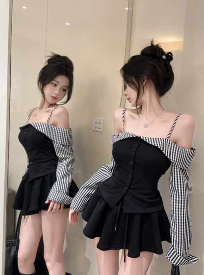 Hot Girls Checkered Off-Shoulder Sleeves Fashion Gatherings Mini Skirt Vintage Spaghetti Straps Bodice Tiered Short Dress AP1905