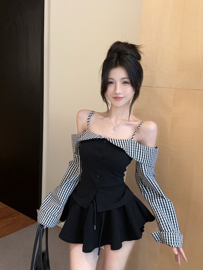 Hot Girls Checkered Off-Shoulder Sleeves Fashion Gatherings Mini Skirt Vintage Spaghetti Straps Bodice Tiered Short Dress AP1905