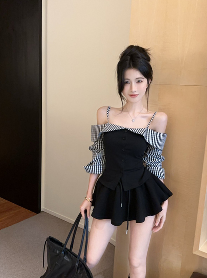 Hot Girls Checkered Off-Shoulder Sleeves Fashion Gatherings Mini Skirt Vintage Spaghetti Straps Bodice Tiered Short Dress AP1905