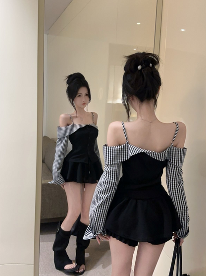 Hot Girls Checkered Off-Shoulder Sleeves Fashion Gatherings Mini Skirt Vintage Spaghetti Straps Bodice Tiered Short Dress AP1905