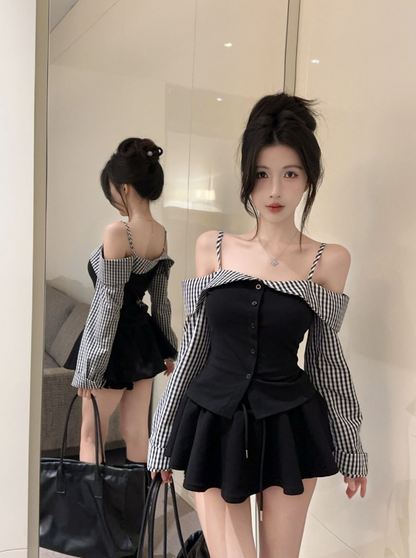 Hot Girls Checkered Off-Shoulder Sleeves Fashion Gatherings Mini Skirt Vintage Spaghetti Straps Bodice Tiered Short Dress AP1905