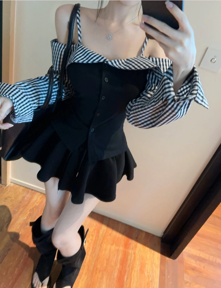 Hot Girls Checkered Off-Shoulder Sleeves Fashion Gatherings Mini Skirt Vintage Spaghetti Straps Bodice Tiered Short Dress AP1905
