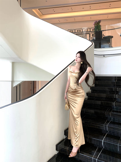 Exquisite Gold Satin Spaghetti Straps Luxury Nightouts Maxi Dress Elegant Backless Mermaid Corset-Style Long Dress AP1906