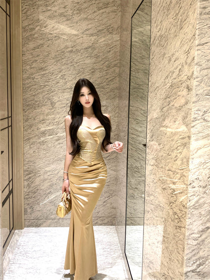 Exquisite Gold Satin Spaghetti Straps Luxury Nightouts Maxi Dress Elegant Backless Mermaid Corset-Style Long Dress AP1906