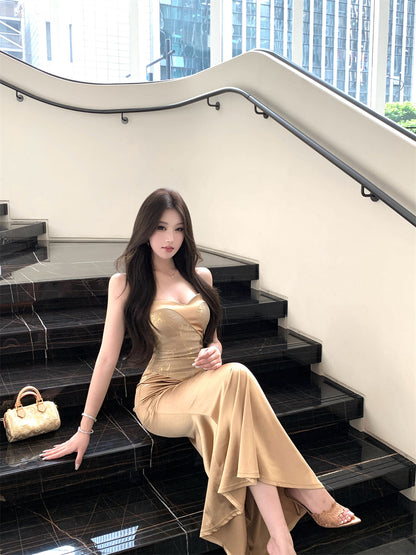 Exquisite Gold Satin Spaghetti Straps Luxury Nightouts Maxi Dress Elegant Backless Mermaid Corset-Style Long Dress AP1906