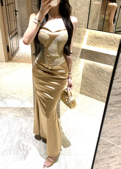 Exquisite Gold Satin Spaghetti Straps Luxury Nightouts Maxi Dress Elegant Backless Mermaid Corset-Style Long Dress AP1906