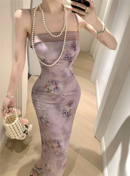 Oriental Style Purple Floral Print Square Neck Maxi Dress Elegant Back Slit Cultural Events Spaghetti Strap Long Dress AP1907