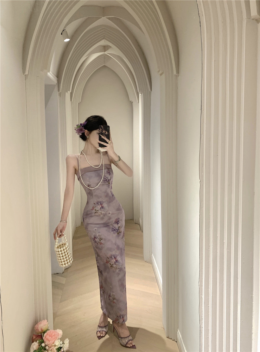 Oriental Style Purple Floral Print Square Neck Maxi Dress Elegant Back Slit Cultural Events Spaghetti Strap Long Dress AP1907