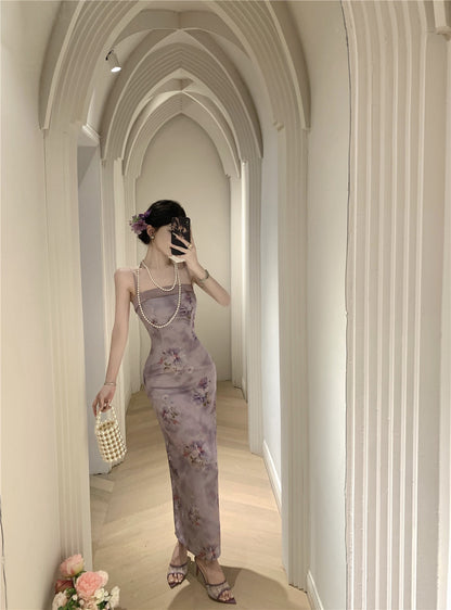Oriental Style Purple Floral Print Square Neck Maxi Dress Elegant Back Slit Cultural Events Spaghetti Strap Long Dress AP1907