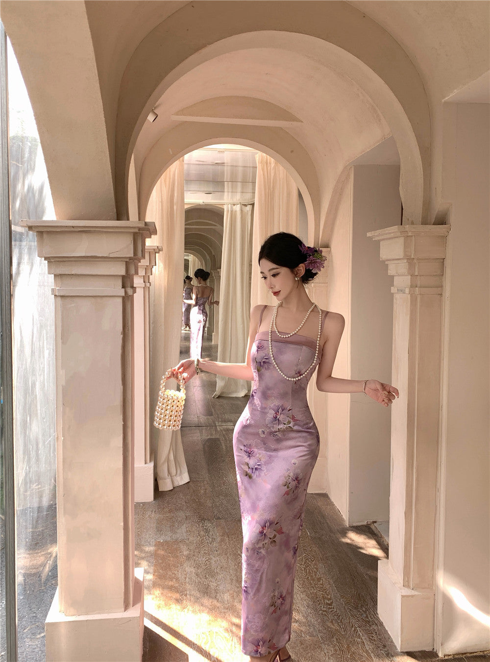Oriental Style Purple Floral Print Square Neck Maxi Dress Elegant Back Slit Cultural Events Spaghetti Strap Long Dress AP1907