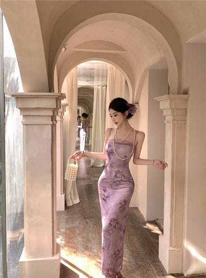 Oriental Style Purple Floral Print Square Neck Maxi Dress Elegant Back Slit Cultural Events Spaghetti Strap Long Dress AP1907