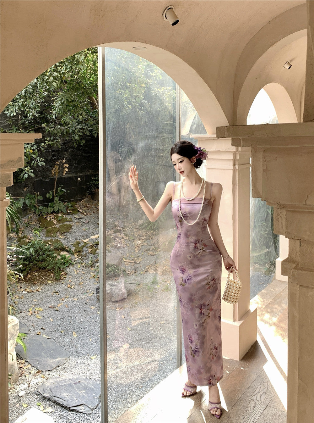 Oriental Style Purple Floral Print Square Neck Maxi Dress Elegant Back Slit Cultural Events Spaghetti Strap Long Dress AP1907