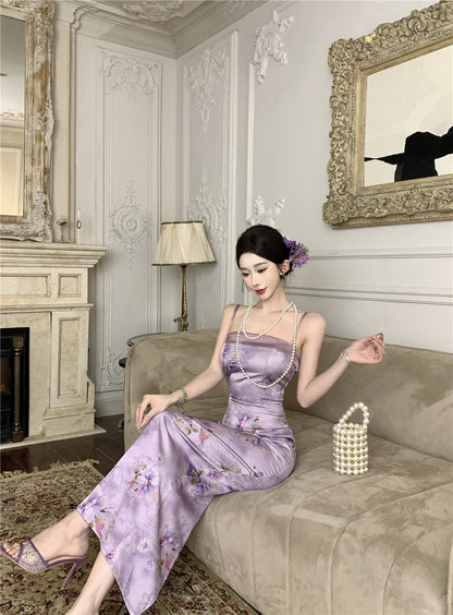 Oriental Style Purple Floral Print Square Neck Maxi Dress Elegant Back Slit Cultural Events Spaghetti Strap Long Dress AP1907