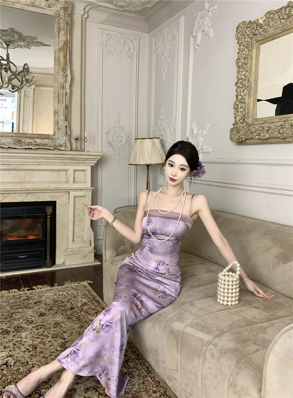 Oriental Style Purple Floral Print Square Neck Maxi Dress Elegant Back Slit Cultural Events Spaghetti Strap Long Dress AP1907