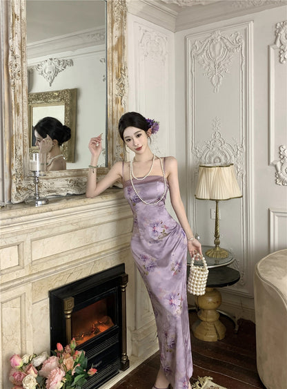 Oriental Style Purple Floral Print Square Neck Maxi Dress Elegant Back Slit Cultural Events Spaghetti Strap Long Dress AP1907