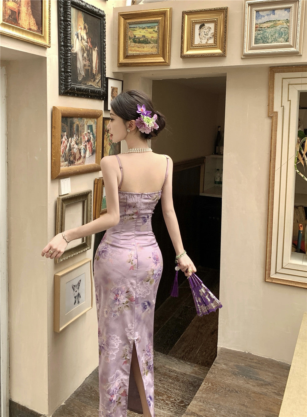 Oriental Style Purple Floral Print Square Neck Maxi Dress Elegant Back Slit Cultural Events Spaghetti Strap Long Dress AP1907