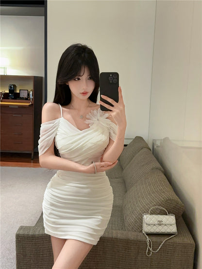 Chic Mesh Trimmed One-Shoulder Romantic Dates Mini Dress Elegant 3D Floral Accent Bodycon White Short Dress AP1908