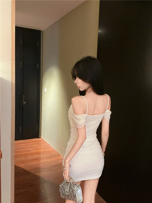 Chic Mesh Trimmed One-Shoulder Romantic Dates Mini Dress Elegant 3D Floral Accent Bodycon White Short Dress AP1908