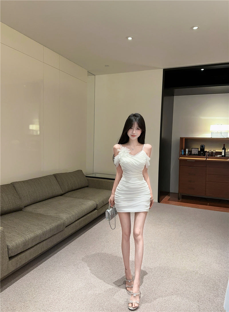 Chic Mesh Trimmed One-Shoulder Romantic Dates Mini Dress Elegant 3D Floral Accent Bodycon White Short Dress AP1908