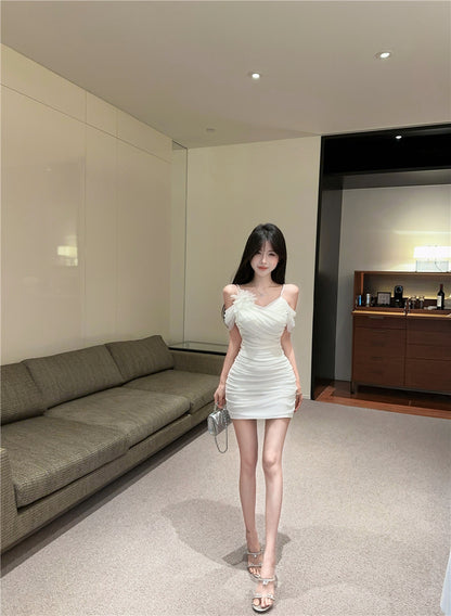 Chic Mesh Trimmed One-Shoulder Romantic Dates Mini Dress Elegant 3D Floral Accent Bodycon White Short Dress AP1908