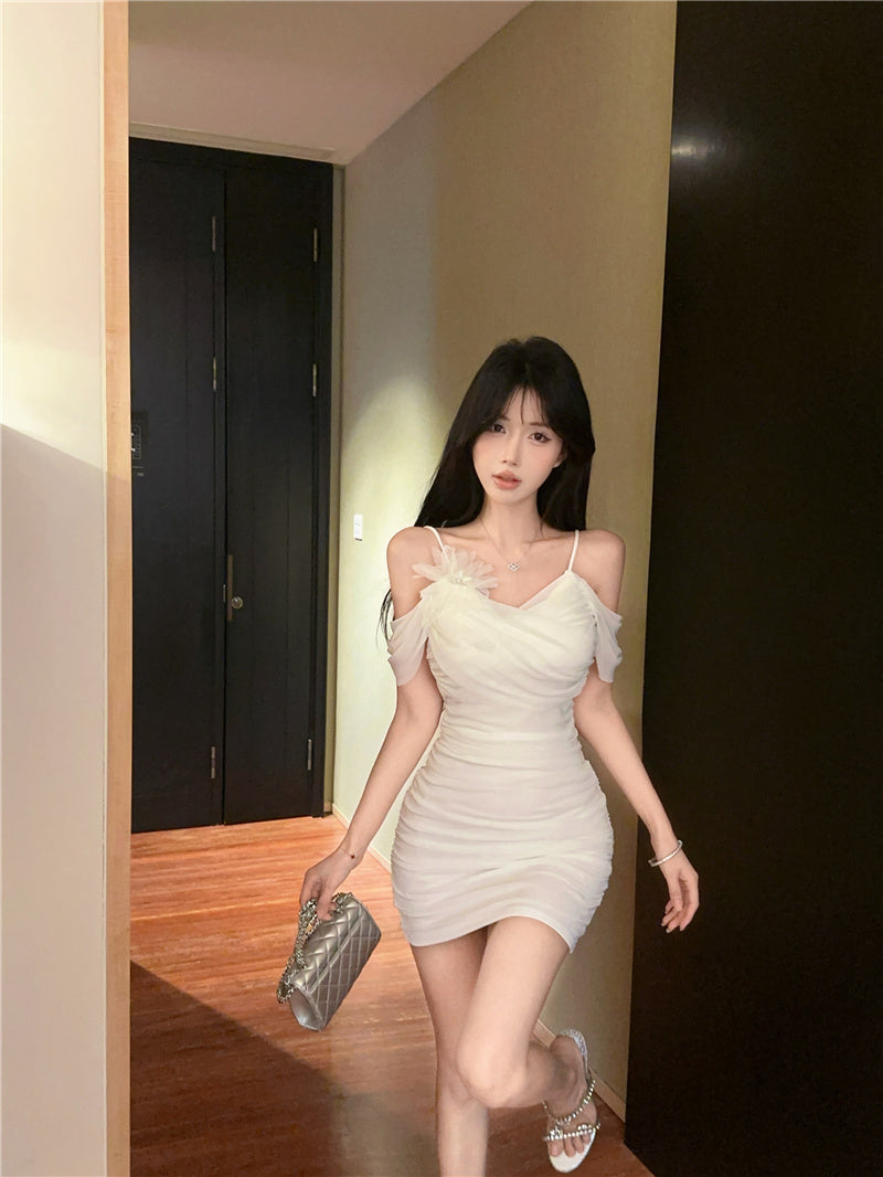 Chic Mesh Trimmed One-Shoulder Romantic Dates Mini Dress Elegant 3D Floral Accent Bodycon White Short Dress AP1908