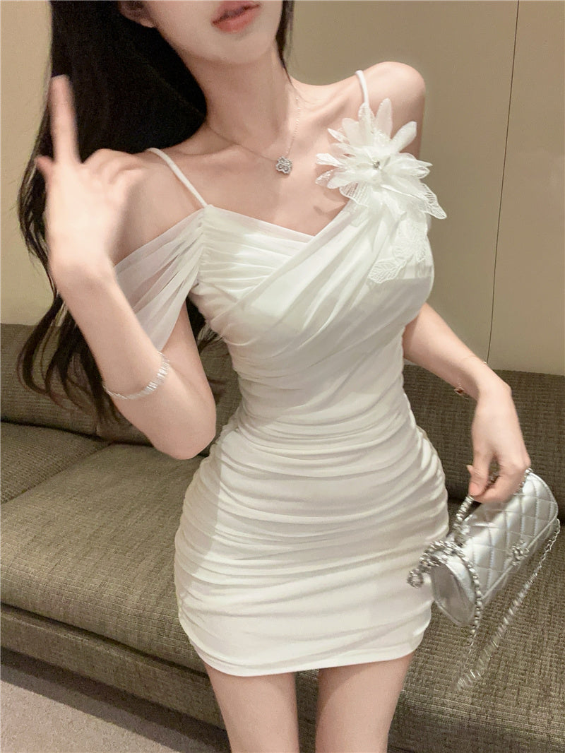 Chic Mesh Trimmed One-Shoulder Romantic Dates Mini Dress Elegant 3D Floral Accent Bodycon White Short Dress AP1908