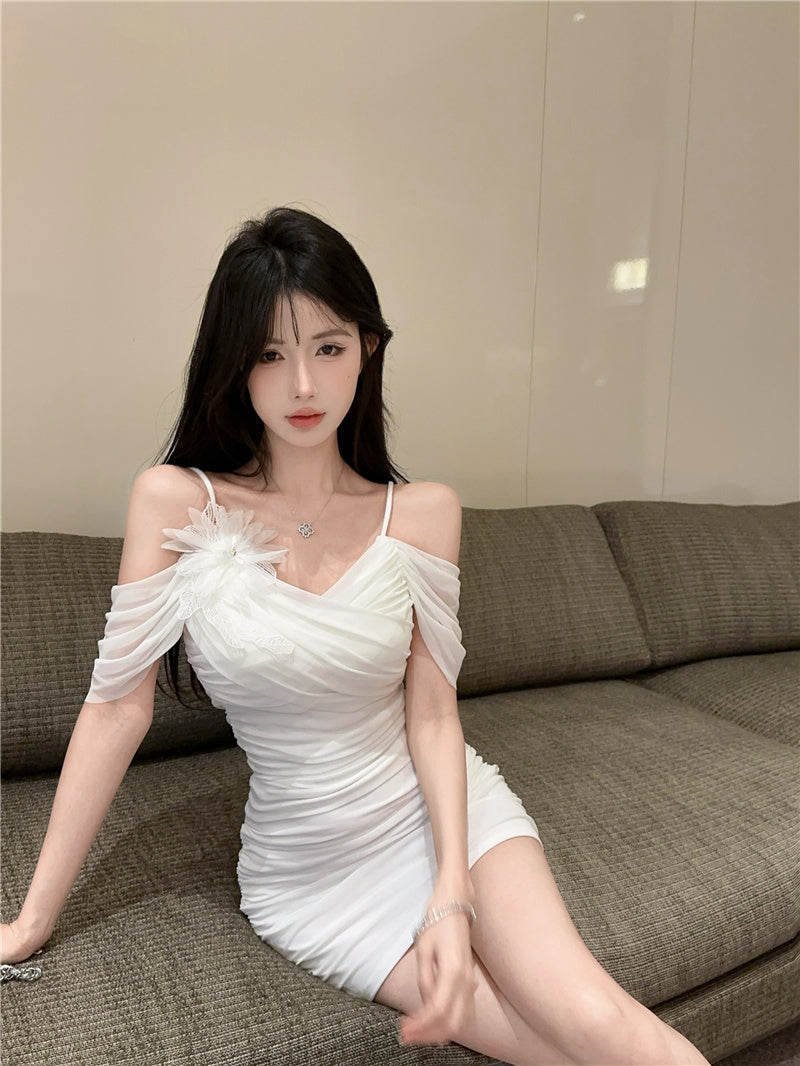 Chic Mesh Trimmed One-Shoulder Romantic Dates Mini Dress Elegant 3D Floral Accent Bodycon White Short Dress AP1908