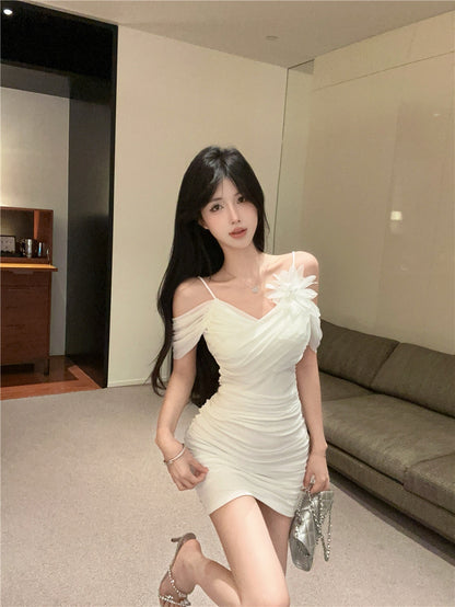 Chic Mesh Trimmed One-Shoulder Romantic Dates Mini Dress Elegant 3D Floral Accent Bodycon White Short Dress AP1908