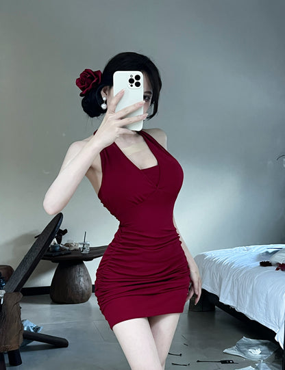 Charming Red Rhinestone-Embellished Back Mini Skirt Vogue Bow Detail Ruched Bodycon Halter Short Dress AP1909