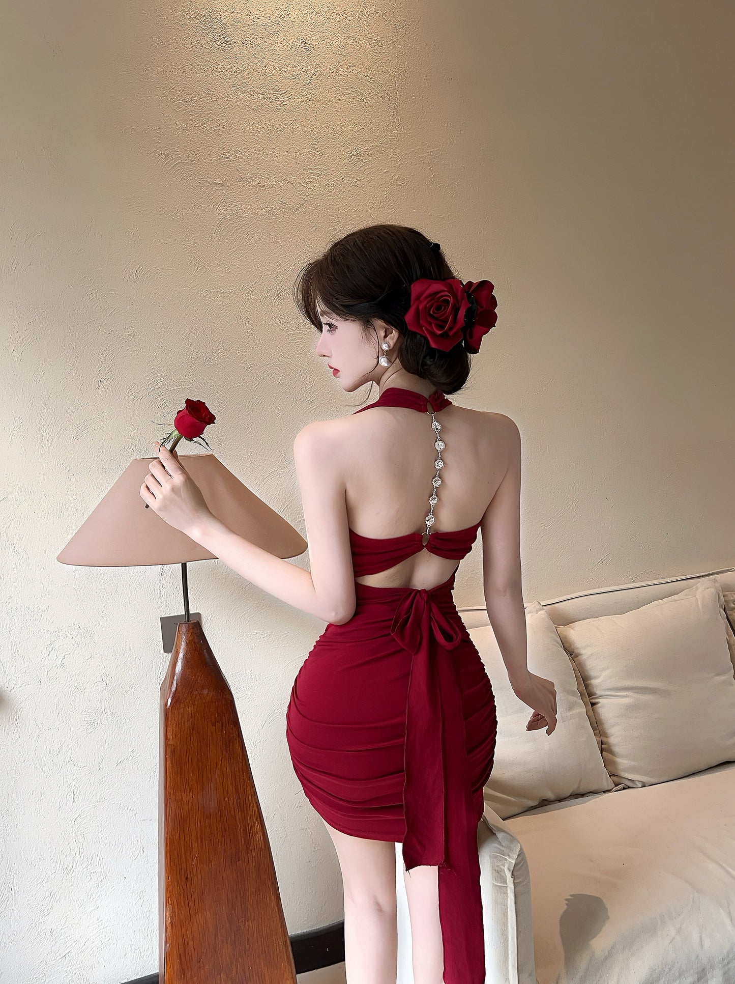 Charming Red Rhinestone-Embellished Back Mini Skirt Vogue Bow Detail Ruched Bodycon Halter Short Dress AP1909