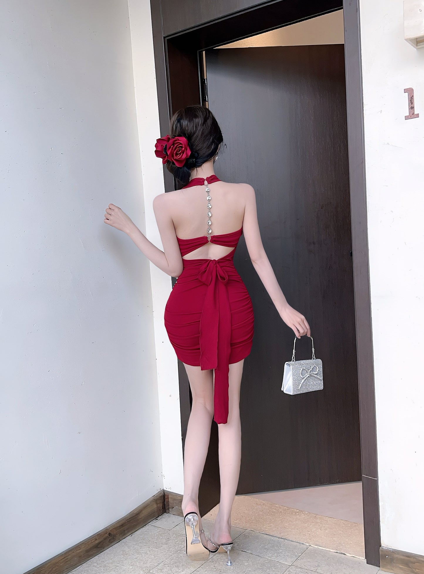 Charming Red Rhinestone-Embellished Back Mini Skirt Vogue Bow Detail Ruched Bodycon Halter Short Dress AP1909
