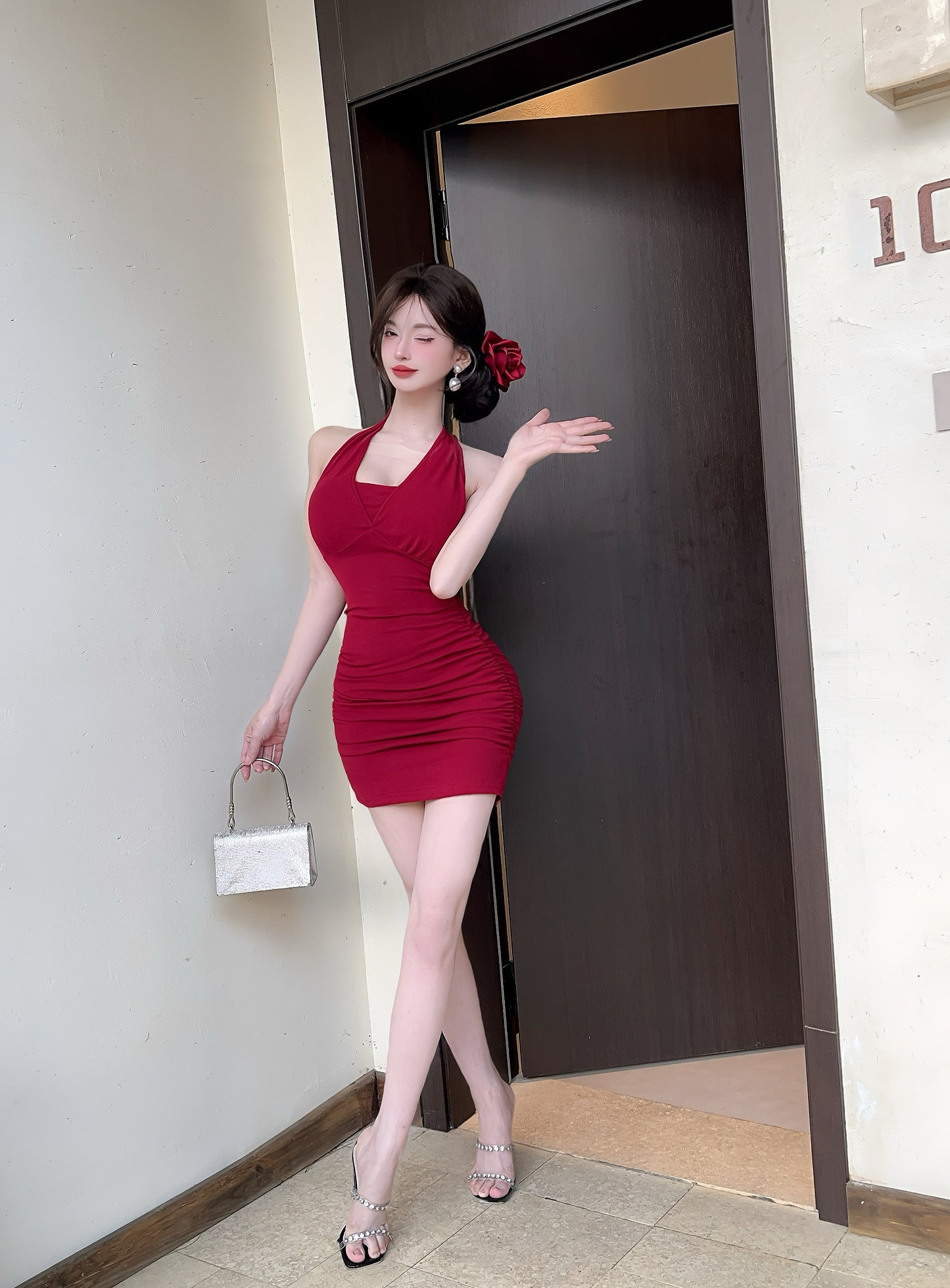 Charming Red Rhinestone-Embellished Back Mini Skirt Vogue Bow Detail Ruched Bodycon Halter Short Dress AP1909