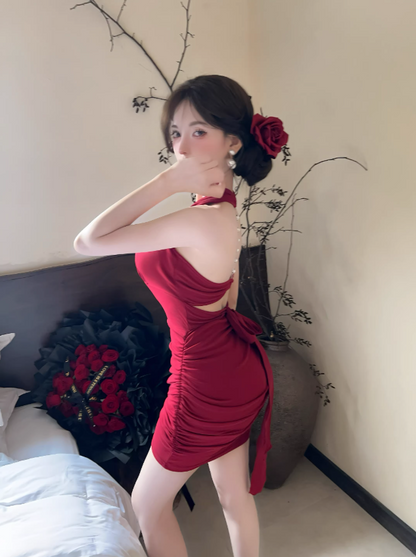 Charming Red Rhinestone-Embellished Back Mini Skirt Vogue Bow Detail Ruched Bodycon Halter Short Dress AP1909
