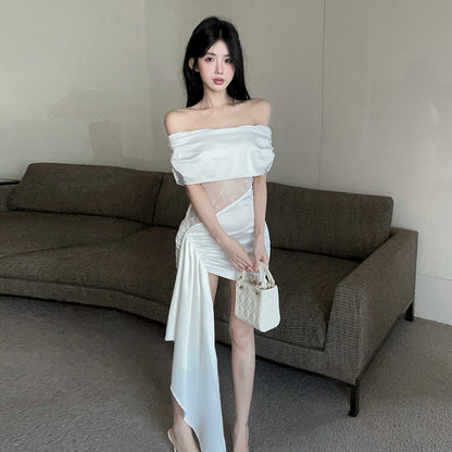 Glamorous White Satin Off-Shoulder Mini Dress Charming Splicing Sheer Lace Waist Gathered Short Dress AP1910