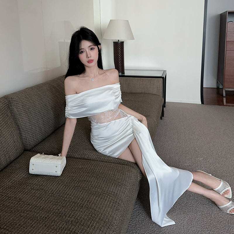 Glamorous White Satin Off-Shoulder Mini Dress Charming Splicing Sheer Lace Waist Gathered Short Dress AP1910
