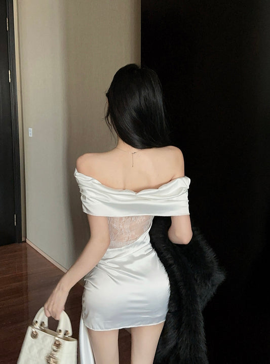 Glamorous White Satin Off-Shoulder Mini Dress Charming Splicing Sheer Lace Waist Gathered Short Dress AP1910