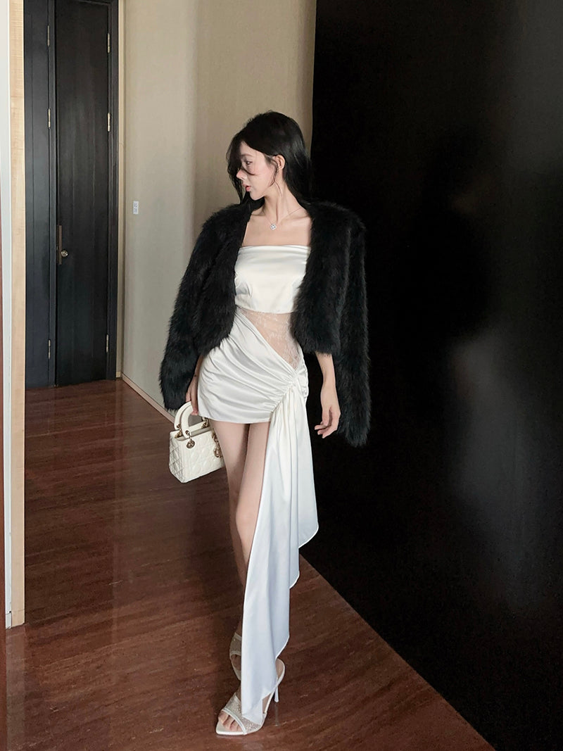 Glamorous White Satin Off-Shoulder Mini Dress Charming Splicing Sheer Lace Waist Gathered Short Dress AP1910