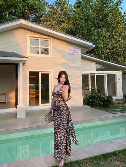 Vintage Side Tie Leopard Print Maxi Dress Sexy Deep V Neck Open Back Bodycon Halter Long Dress AP1911