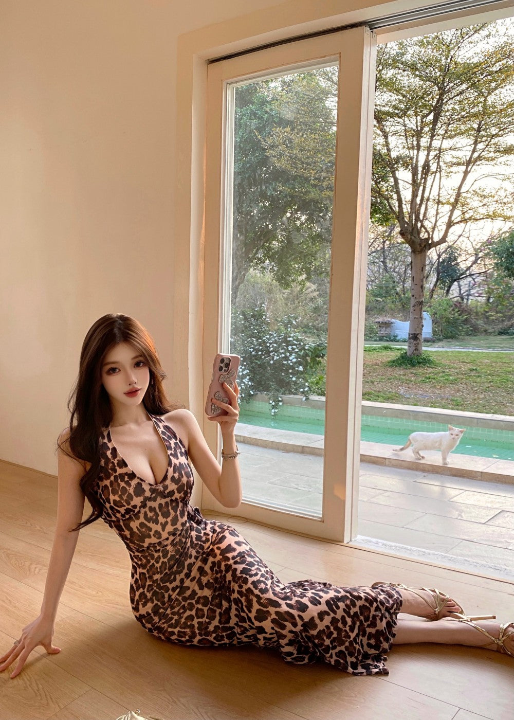 Vintage Side Tie Leopard Print Maxi Dress Sexy Deep V Neck Open Back Bodycon Halter Long Dress AP1911
