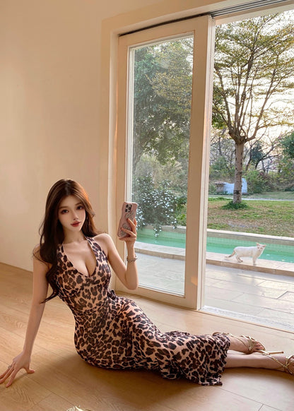 Vintage Side Tie Leopard Print Maxi Dress Sexy Deep V Neck Open Back Bodycon Halter Long Dress AP1911