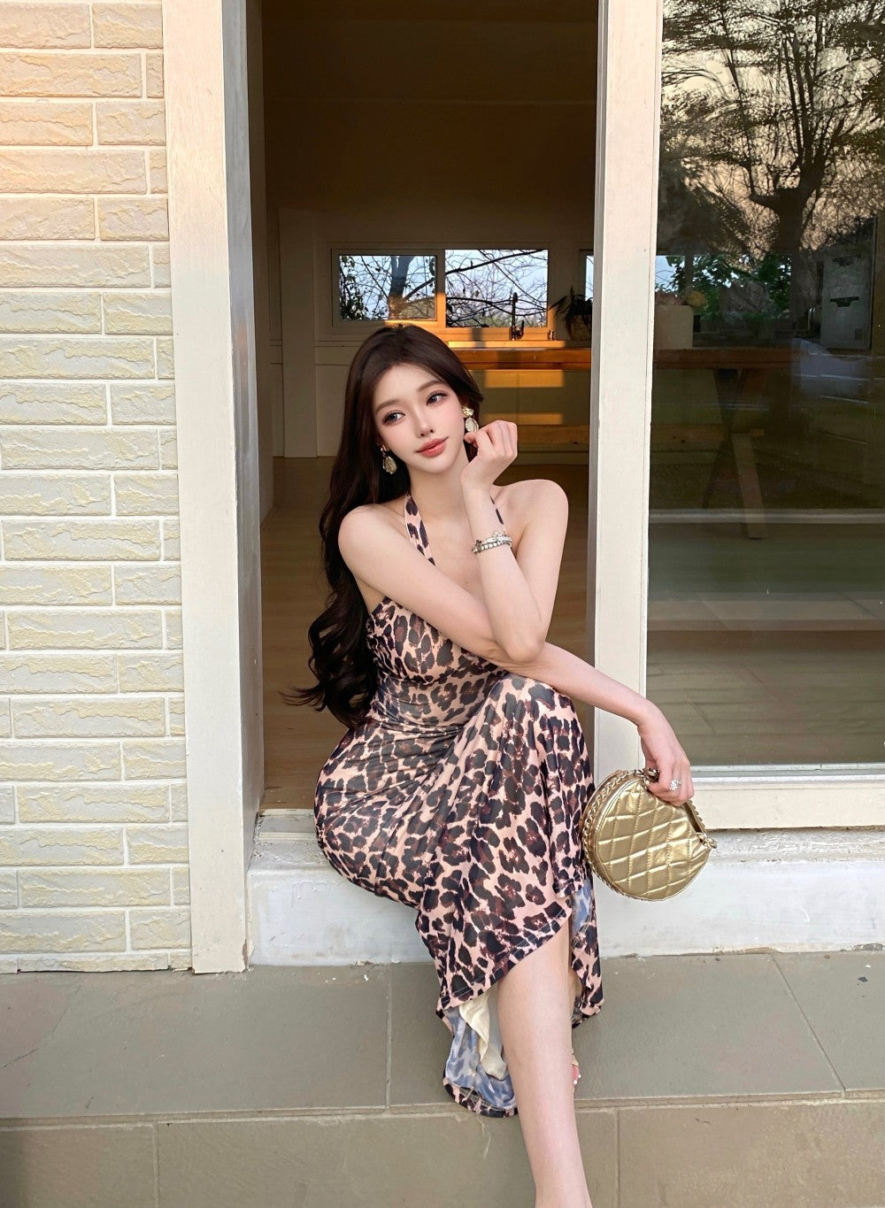 Vintage Side Tie Leopard Print Maxi Dress Sexy Deep V Neck Open Back Bodycon Halter Long Dress AP1911