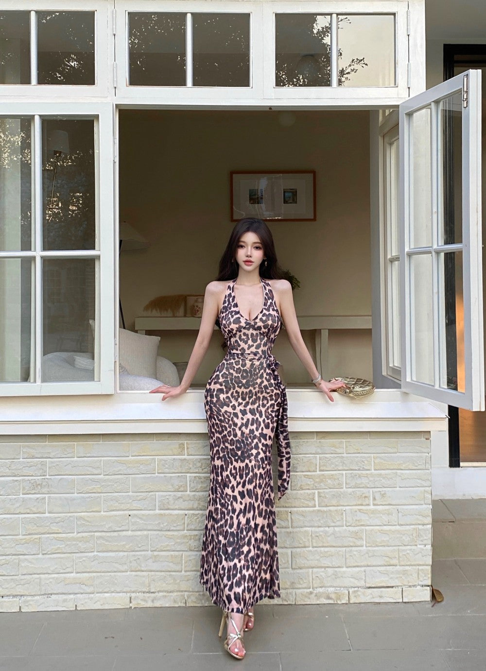 Vintage Side Tie Leopard Print Maxi Dress Sexy Deep V Neck Open Back Bodycon Halter Long Dress AP1911