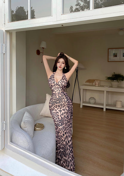 Vintage Side Tie Leopard Print Maxi Dress Sexy Deep V Neck Open Back Bodycon Halter Long Dress AP1911