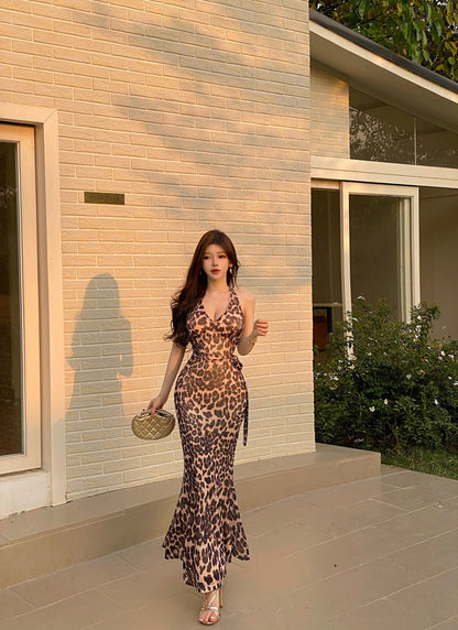 Vintage Side Tie Leopard Print Maxi Dress Sexy Deep V Neck Open Back Bodycon Halter Long Dress AP1911