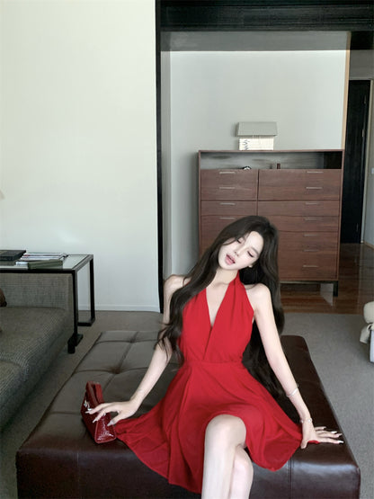 Vibrant Open Back with Tie Red Mini Skirt Minimalist Style Double Layers Summer Outfit Flared Halter Short Dress AP1912
